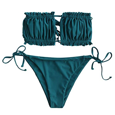 ZAFUL - Bikini para mujer sin tirantes acanalados con corte de volantes azul pavo real L