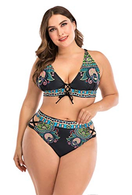 chuangminghangqi - Bikini tankini, traje de baño para mujer estilo retro, de talle alto, talla grande Negro 5074. XXL
