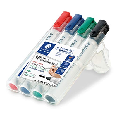 Staedtler 351 WP4 - Rotuladores para pizarra blanca Lumocolor, inodoro, secado rápido y recargable, paquete de 4 colores