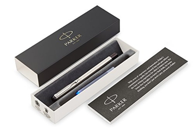 PARKER Vector pluma estilográfica, acero inoxidable con adorno cromado, plumín mediano y tinta azul, en estuche de regalo