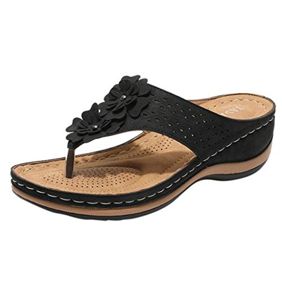 YWLINK Sandalias De CuñA para Mujer Ahuecar Flores Chanclas De Playa Bohemia Verano Sandalias Planas De Gran TamañO Zapatillas Antideslizantes(Negro,4