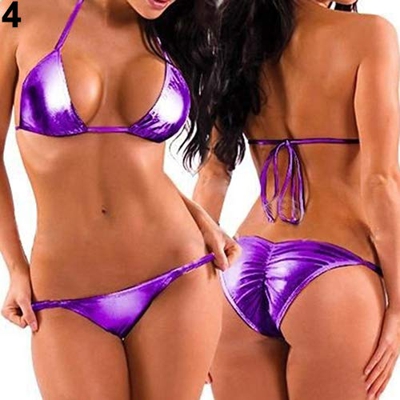 NA youuu Traje De Baño, Conjunto De Bikini De Metal De Moda Para Mujer, Traje De Baile De Playa Sin Espalda Con Cordones Sexy M púrpura