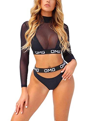 3 Partes Dobladas Mujeres Traje Baño con De El Conjunto Moda Completi De La Red Bikini Cover Up Bikini De La Correa Longitud De Las Mangas con OMG Imp