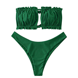 Zaful - Conjunto de bikini para mujer, banda sin hombros, con cordón y traje de baño de color liso con rulos Verde Marino Medio S precio