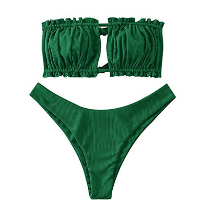 Zaful - Conjunto de bikini para mujer, banda sin hombros, con cordón y traje de baño de color liso con rulos Verde Marino Medio S