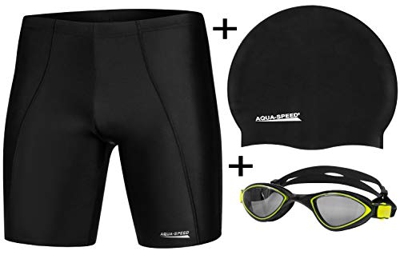 Aqua Speed - Set - Bañador para Hombre Long + Gorra de baño Mega + Gafas de natación Flex | Troncos de natación | Jammer | Protección UV | Resistente 