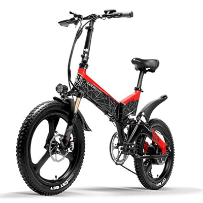 LANKELEISI Bicicleta eléctrica G650 Bicicleta de montaña de 20 Pulgadas 400W 48V Batería de Litio 7 velocidades Bicicleta Plegable 5 Pas Doble suspens