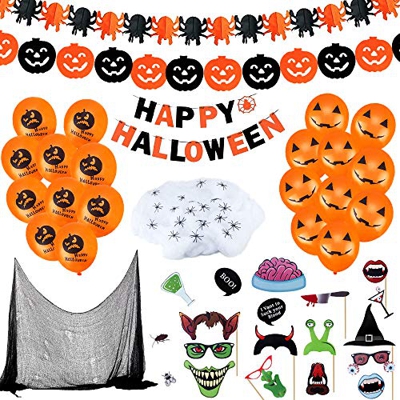 CENOVE 65Piezas Juego de Decoración de Halloween Accesorios, 3 Banner de Feliz Halloween, Telaraña Blanca, Tela Espeluznante, 20 Globos Naranjas, 20Ar
