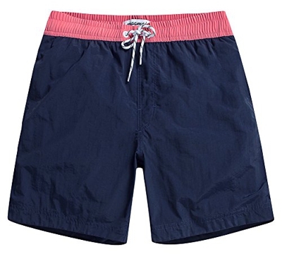 MaaMgic Shorts de Baño para Hombre Shorts de Playa Traje de Bañode Secado Rápido para Vacaciones Diseño a Rayas, Cinturón Rosa Azul Marino L
