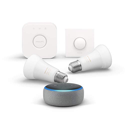 Echo Dot (3.ª generación), tela de color gris oscuro + Philips Hue White and Color Starter Kit con 2 bombillas, Bluetooth y Telecomando Hue Smart Butt