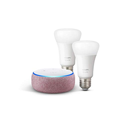 Echo Dot (3.ª generación), tela de color malva + Philips Hue White Pack de 2 bombillas LED inteligentes, compatible con Bluetooth y Zigbee, no se requ