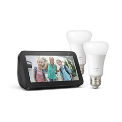 Echo Show 5, negro + Philips Hue White Pack de 2 bombillas LED inteligentes, compatible con Bluetooth y Zigbee, no se requiere controlador en oferta