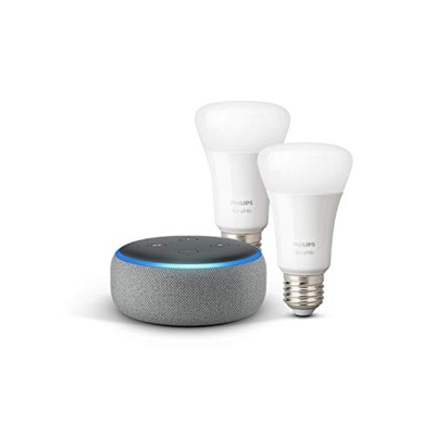 Echo Dot (3.ª generación), tela de color gris oscuro + Philips Hue White Pack de 2 bombillas LED inteligentes, compatible con Bluetooth y Zigbee, no s