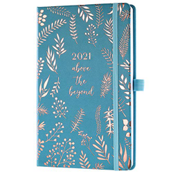 Eono by Amazon - Agenda 2021, Semana para ver, Cubierta de cuero azul, Lazo para bolígrafo, Encuadernado elástico, Bolsillo trasero, 13,5 x 21,5 cm características