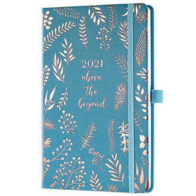 Eono by Amazon - Agenda 2021, Semana para ver, Cubierta de cuero azul, Lazo para bolígrafo, Encuadernado elástico, Bolsillo trasero, 13,5 x 21,5 cm
