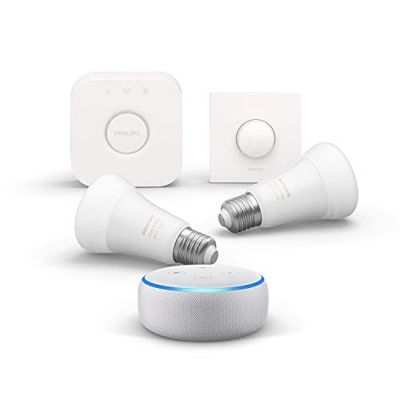 Echo Dot (3.ª generación), tela de color gris claro + Philips Hue White and Color Starter Kit con 2 bombillas, Bluetooth y Telecomando Hue Smart Butto