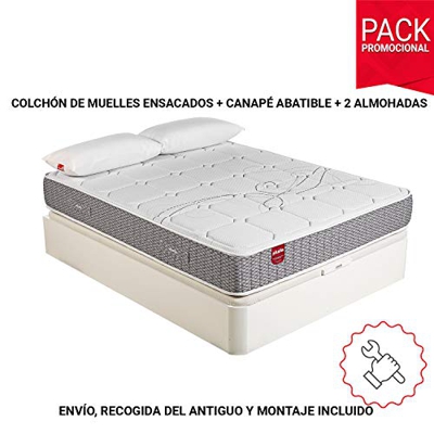 PIKOLIN Pack Colchón Troas de muelles ensacados 150x190 + canapé con Base abatible y 2 Almohadas de Fibra