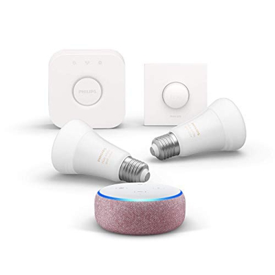 Echo Dot (3.ª generación), tela de color malva + Philips Hue White and Color Starter Kit con 2 bombillas, Bluetooth y Telecomando Hue Smart Button