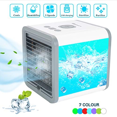 Fy-Light Aire Acondicionado Portátil, Mini Enfriador de Aire Móviles Evaporativo con 7 Colores LED y 3 Velocidades para el Hogar, la Oficina, al Aire 