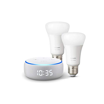 Echo Dot (3.ª generación) - Altavoz inteligente con reloj y Alexa + Philips Hue White Pack de 2 bombillas LED inteligentes, compatible con Bluetooth y
