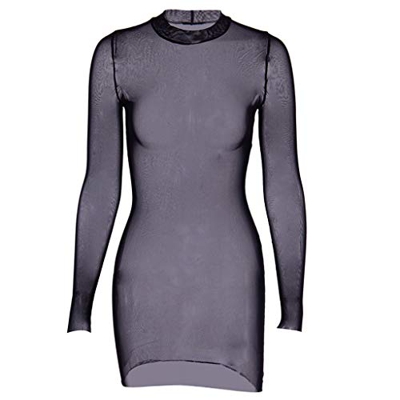 ZOOMY Mujeres Mini Vestido de lápiz de Manga Larga de Malla Transparente Sexy Mock Neck Bikini Cover Up - L # Dark