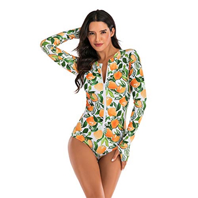 Beachkini Mujer Surf Ropa Una Pieza Traje de Baño Manga Larga Bañador Rashguard (M, Fruta)