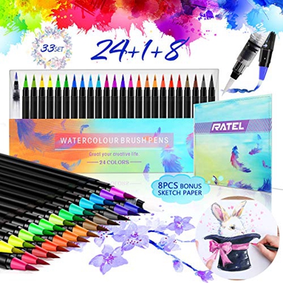 RATEL Rotuladores Acuarelables incluye 24 plumas de pincel de acuarela con punta de pincel de nylon flexible, 1 pluma de pincel de agua, 1 almohadilla
