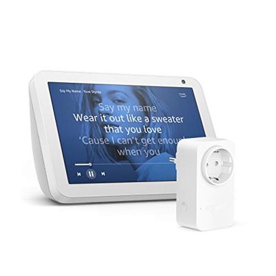 Echo Show 8, Tela de color gris claro + Amazon Smart Plug (enchufe inteligente wifi), compatible con Alexa