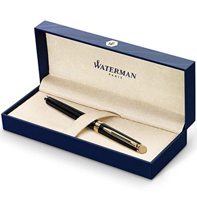 Waterman Hémisphère pluma estilográfica, con adorno de oro de 23 quilates, plumín fino con cartucho de tinta azul, estuche de regalo, color negro bril