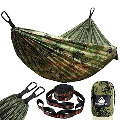 NATUREFUN Hamaca Ultraligera para Camping| 300kg de Capacidad de Carga, (275 x 140 cm), Transpirable y de Secado rápido. 2 mosquetones Premium, 2 esli