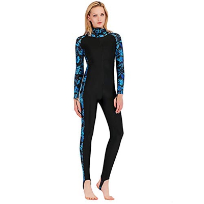 XDXART Traje de baño de una pieza con capucha de manga larga para mujer, traje de surf de pierna corta, protección UV, protector solar (azul agua, XL)