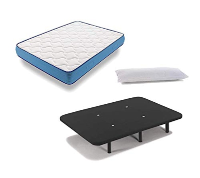 HOGAR24 ES Cama Completa - Colchón Viscoelástico Viscorelax + Base Tapizada 3D Color Negro + 6 Patas de 26cm + Almohada de Fibra, 150x190 cm