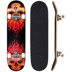 Sumeber - Tabla de skateboard para adultos, para principiantes, cumpleaños, monopatín, para adolescentes, niñas, niños y adultos, Calavera de llama características