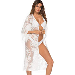 ruiruiNIE para Mujer Sexy Bikini de Encaje Floral Cubre ups Transparente Frente Largo Kimono Cardigan Blanco características