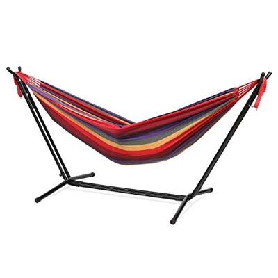 Sekey Hamaca con Soporte de Jardín, Soporte para Hamaca de Acero con Hamaca Arcoíris para Interiores y Exteriores, Bolsa de Transporte Incluida, 270 c