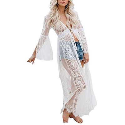 Vestido de Bikini Bordado para Mujer Transparente Ropa de Baño Playa con la Manga Suelta de Moda Traje de Baño Verano para Bikini Camisolas Larga etc 