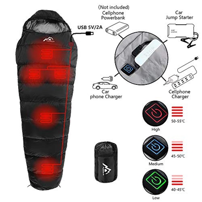 Mantuole - Saco de dormir con calefacción, 5 unidades de múltiples USB, funciona con batería Power Bank u otra fuente de alimentación USB, nailon impe