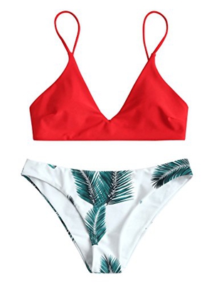 Zaful Bikini acolchado push-up para mujer con diseño de hojas rojo M