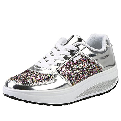Mujer Zapatillas de Deporte Cuña Zapatos para Caminar Aptitud Plataforma Sneakers con Cordones Calzado de Tacón 4cm Plateado EU 36
