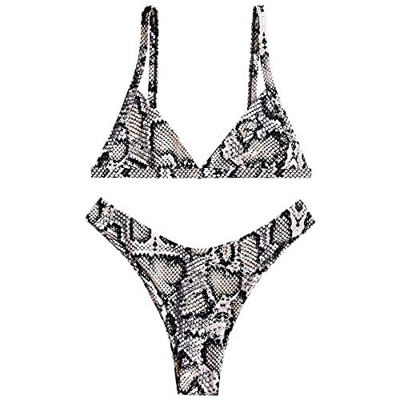 Bikini Zaful con estampado de piel de serpiente. Tiras en los laterales, gran escote en V y talle alto Oro gris. M