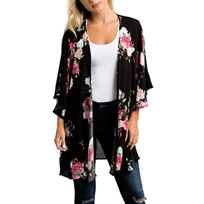 wyxhkj Kimono Cardigan Blusa, Camiseta Manga Media Gasa Imprimir Floral Playa Vacaciones Casual Cardigan Top Cover Up Blusa Ropa Abrigo para Mujer Ver