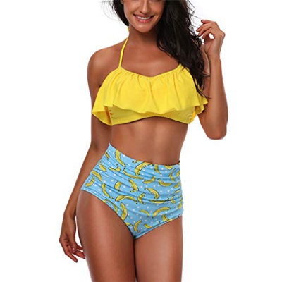 Yutdeng 2020 Traje de Baño Top Flounce Bikini Set Bañador Cintura Alta Floral Impresión Conjunto De Bikini 2 Piezas Set Moda Bohemia Cabestro