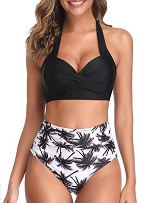 Tuopuda Mujer Retro Cintura Alta Conjunto de Bikini de Dos Piezas con Pliegues Halter Fruncido Push Up Arriba Trajes de baño Acolchados