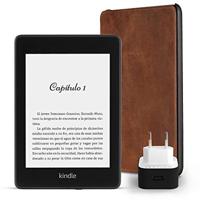 Kit Esencial Kindle Paperwhite, incluye un e-reader Kindle Paperwhite, 32 GB, wifi y 4G gratis, sin ofertas especiales, una funda Amazon de cuero de a