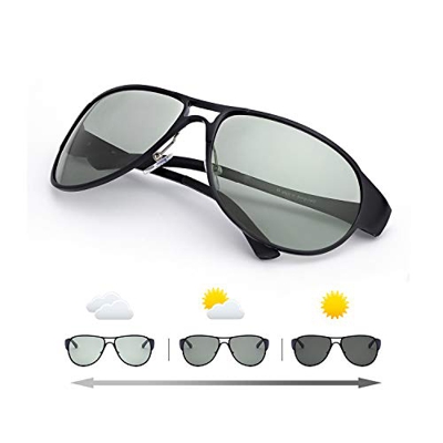 IGnaef Gafas De Sol Fotocromaticas Polarizadas para Hombre Clásico Grande Al-Mg Marco Metal - 100% UVA/UVB Protección (Negro)