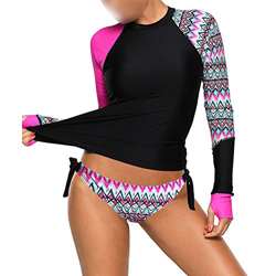 Meijunter Mujer 2 Piezas Traje de Surf - Manga Larga Protección UV Rashguard Lazos Laterales Tankinis Camisa Calzoncillos de triángulo Trajes de baño características