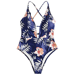 ZAFUL - Traje de baño de una pieza para mujer, diseño floral, acolchado, con correa cruzada azul M precio