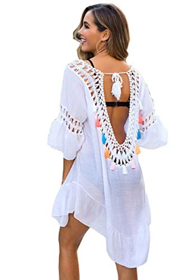 Traje de baño de Mujer Falda de Playa de Ganchillo Top Poncho de Punto Bikini Bikini de Camuflaje de Verano(white-3007)