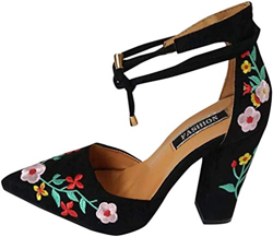 PAOLIAN Zapatos de tacón ancho altas para mujer Verano Chinoiserie 2018 Moda Bar Clásicos Club Zapatos de Bordado de Flores Cruz de cordones con punta precio