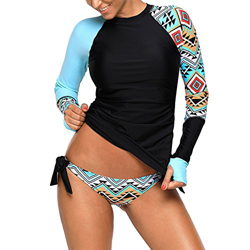 Mujeres Traje de Manga Larga 2 Piezas Floral Rashguard UV Protección Camiseta Bañador Buceo Natación Surf Tankini Azul Large en oferta